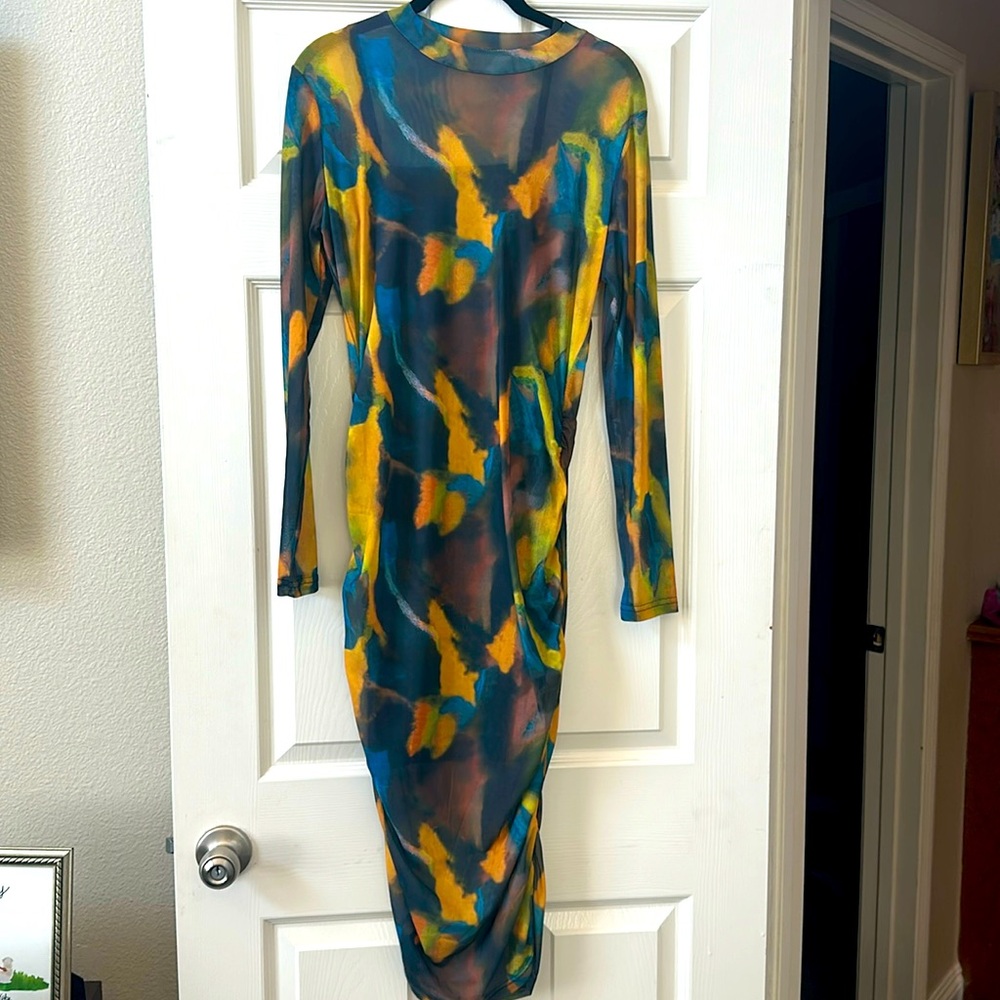 Mesh Bodycon yellow abstract dress